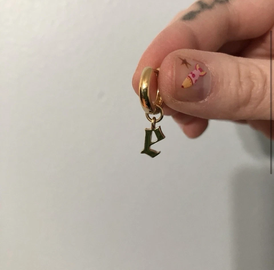 Bingbang NYC Drew Huggie Hoop Gothic Letter E Charm Gold Vermeil Sterling Silver - Image 3 of 4