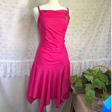 Y2K Vintage Hot Pink Ruched Fairy Hem Midi Dress with Gold Ring Made in France