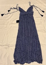 NWT Lulus Field Day Navy Blue White Print Tie-Strap Tassel Maxi Dress Size S