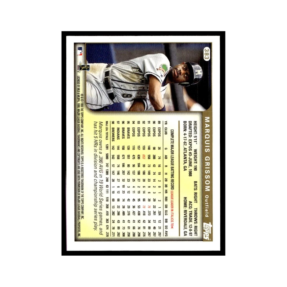 Marquis Grissom 1999 Topps #383 Milwaukee Brewers Baseball Card NM - Image 2 of 3