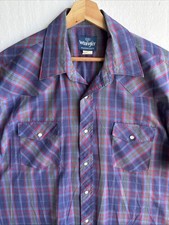 VTG Wrangler Pearl Snap Western Shirt Men's Size XL Short Sleeve Purple Plaid