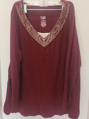 Basic Editions Womens Tops 3x Burgundy With White Fuax Top Underneath 