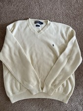 VTG 80's V-Neck Polo Ralph Lauren Knit Long Sleeve Off White Sweater Sz XL