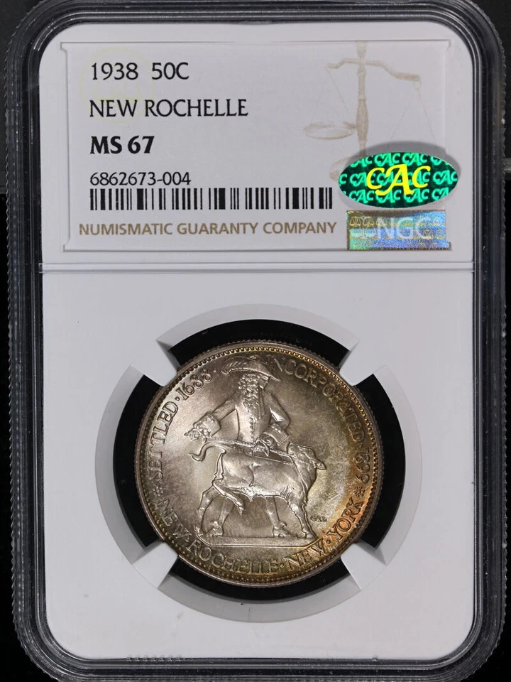 1938 New Rochelle Commem Half Dollar CAC Sticker NGC MS67 Toning - Image 3 of 4
