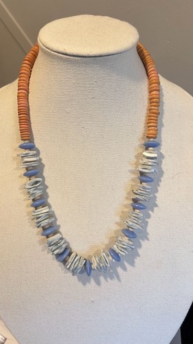 Native American Style Heishi Necklace Orange Wood and Blue Stone Discs
