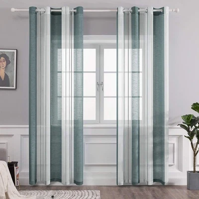 Gardinen Gestreift Transparent mit Ösen, Voile Vorhänge Wohnzimmer Modern 2er... - Bild 1 von 4
