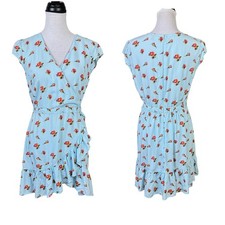 J Crew 6 Mercantile Baby Blue Rose Floral Cap Sleeve Faux Wrap Ruffle Mini Dress