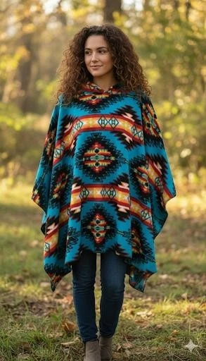 ZooFleece Blue Southwestern Aztec Tribal Indian Hooded Women’s Poncho Cape