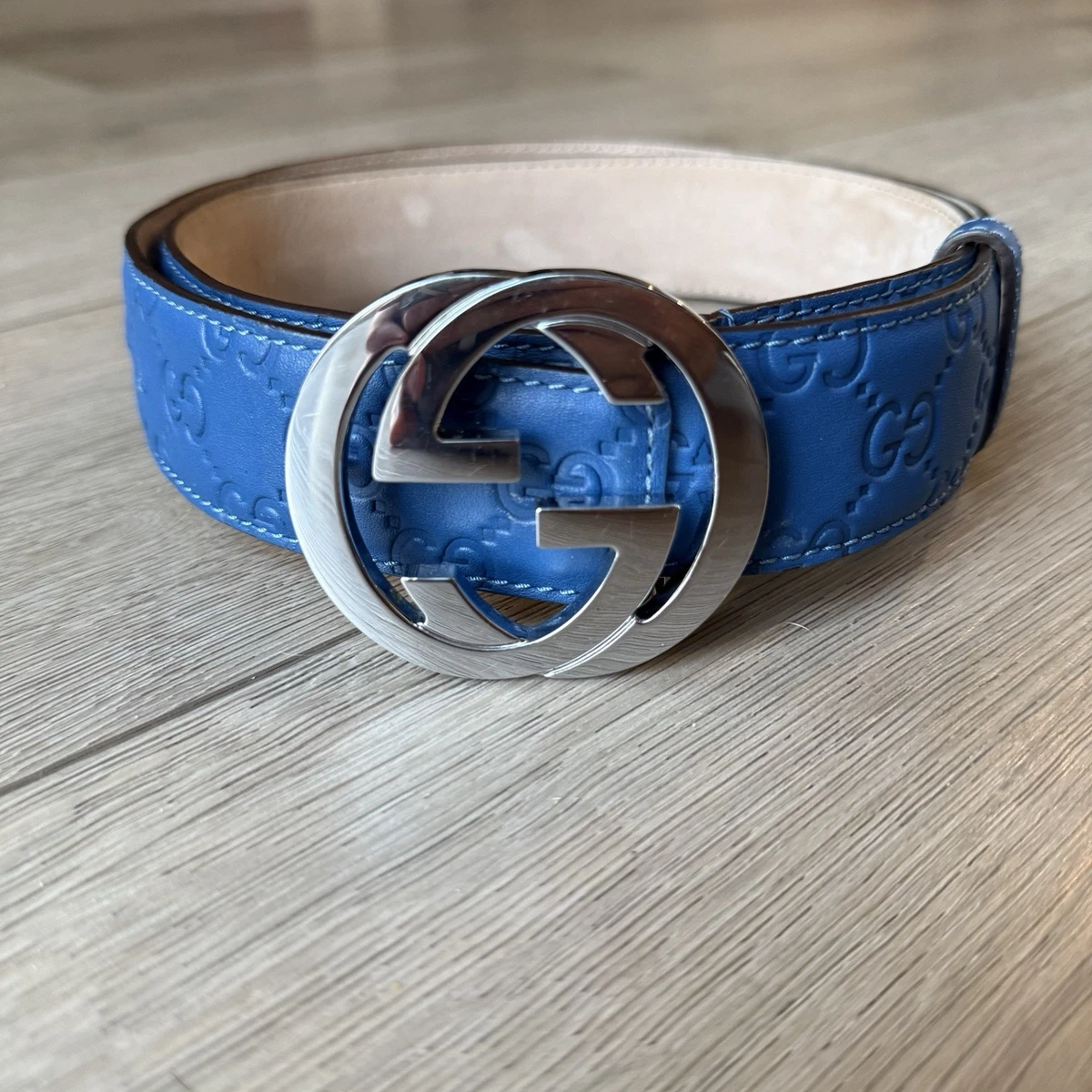 Authentic silver jewelry Gucci  GG Belt – Dark blue Leather + Dust Bag Gucci Blue Signature Belt - Size 85 – Labellov main image 3