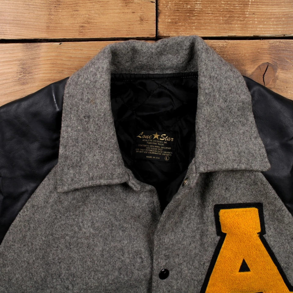 Chaqueta Universitaria Lone Star De Colección L Años 90 Bombardero Cuero Raglán Letterman Gris Foto 3 de 4