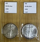 Lot of 2 - American Silver Eagles - 1 oz - bullion coins, 1998 and 1999