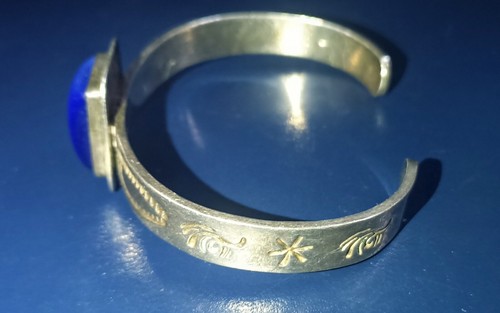 Vintage Mexico Mexican Healing Blue Cat Eye Sterling Silver Cuff Bracelet - Picture 5 of 11