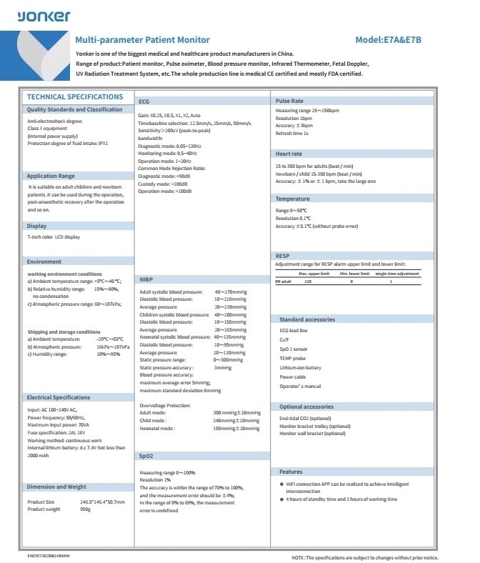 Patient Parameters 7 inch Touch Screen Portable 6 Parameter Human Use Patient vital signs ...