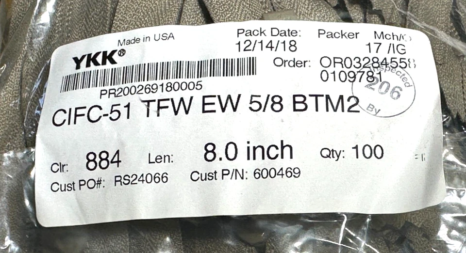 New YKK Color #884 Nylon Coil Jacket Zipper * 100 Pack * Length 8.0" - Image 3 of 4