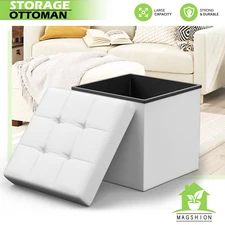 White Faux Leather Storage Ottoman Home Décor Classic Cube Upholstered Benches