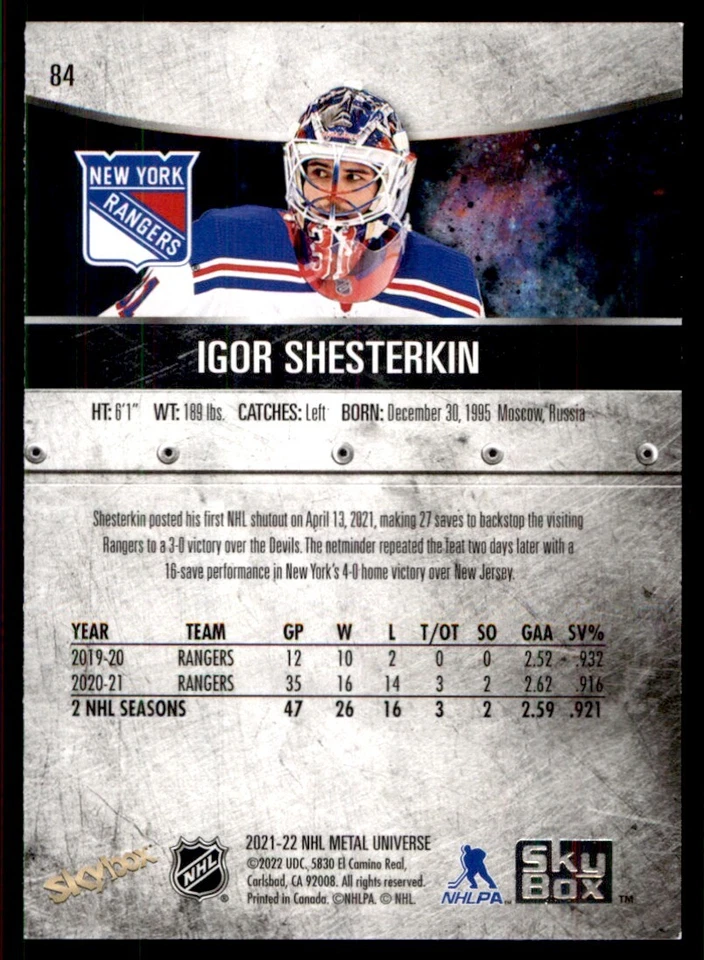 2021-22 Skybox Metal Universe Igor Shesterkin New York Rangers #84 - Image 2 of 2