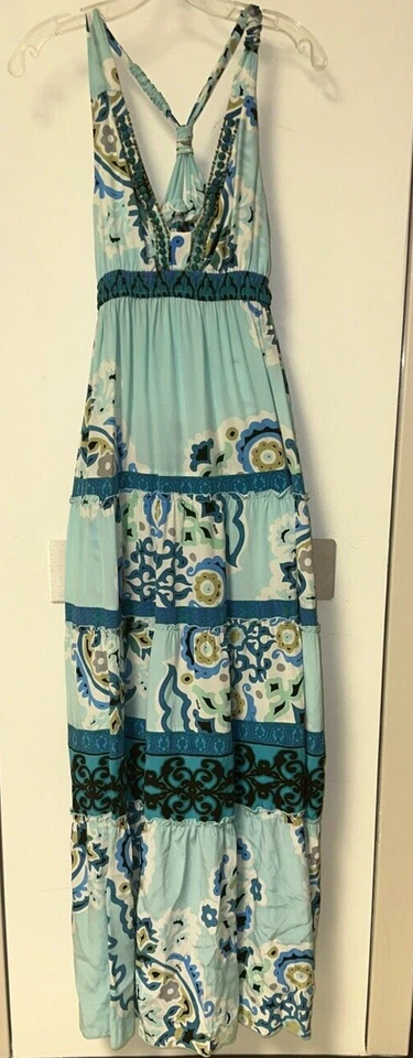 Hale Bob Moscow Nights Silk Crepe Sleeveless V-Neck Maxi Dress Blue Beaded Sz XS - Image 3 of 4