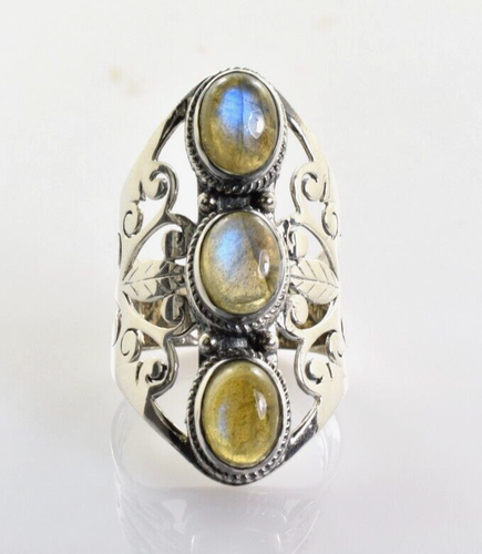 Labradorite Three Stone Ring in Sterling Silver Size 8 - Picture 3 of 8