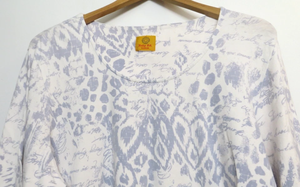 Ruby Rd. Shirt Womens 1X Blue White Pattern 3/4 Sleeve Stretch Casual Top - Image 2 of 4