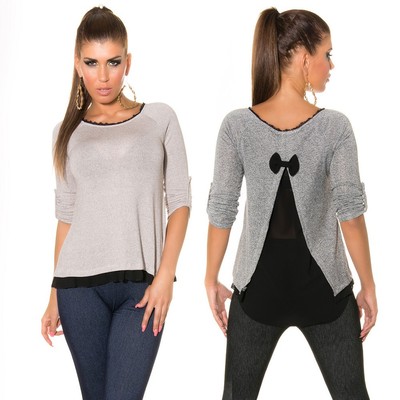 KouCla High Low Mesh Panel Sweater Open Back Top - Black Beige