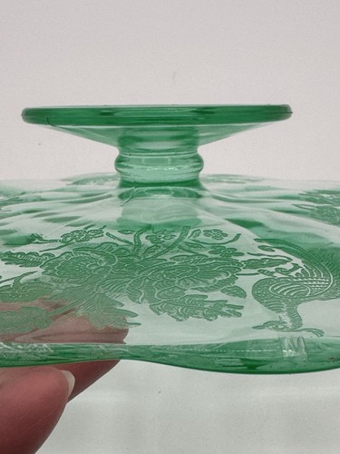 Vintage Vaseline Green Depression Glass GLOWS Peacock Footed Cake Plate 11” READ - Picture 7 of 24
