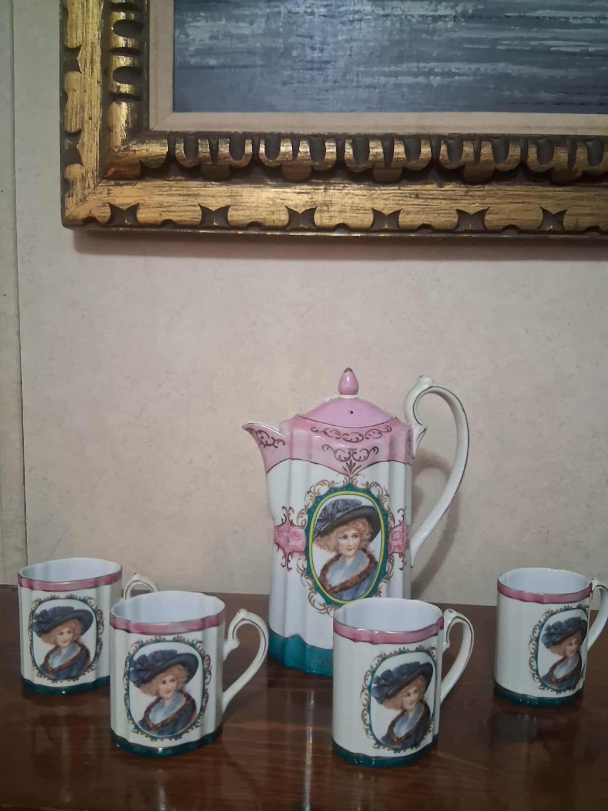 Antique Royal Vienna Victorian Gibson Girl Chocolate/Tea Pot with 4 cups