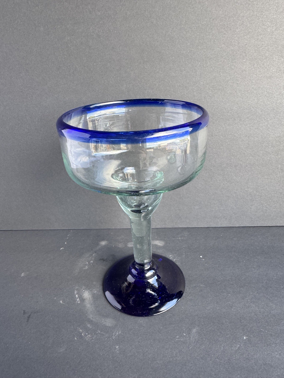 MEXICAN MARGARITA SET Hand-Blown Glass Cobalt Blue Rims. Pitcher/4 Glasses VGC