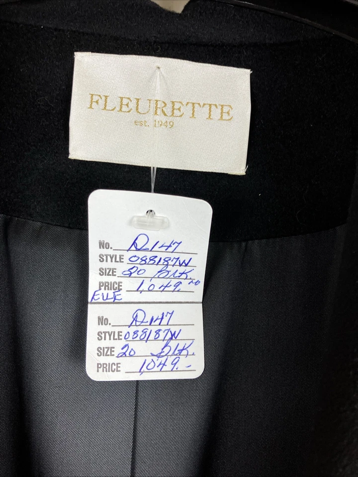 2x CALIDAD NUEVO CON ETIQUETAS NUEVO EN STOCK De colección $1k Fleurette Abrigo Negro Fieltro Lana Italiana Foto 4 de 4