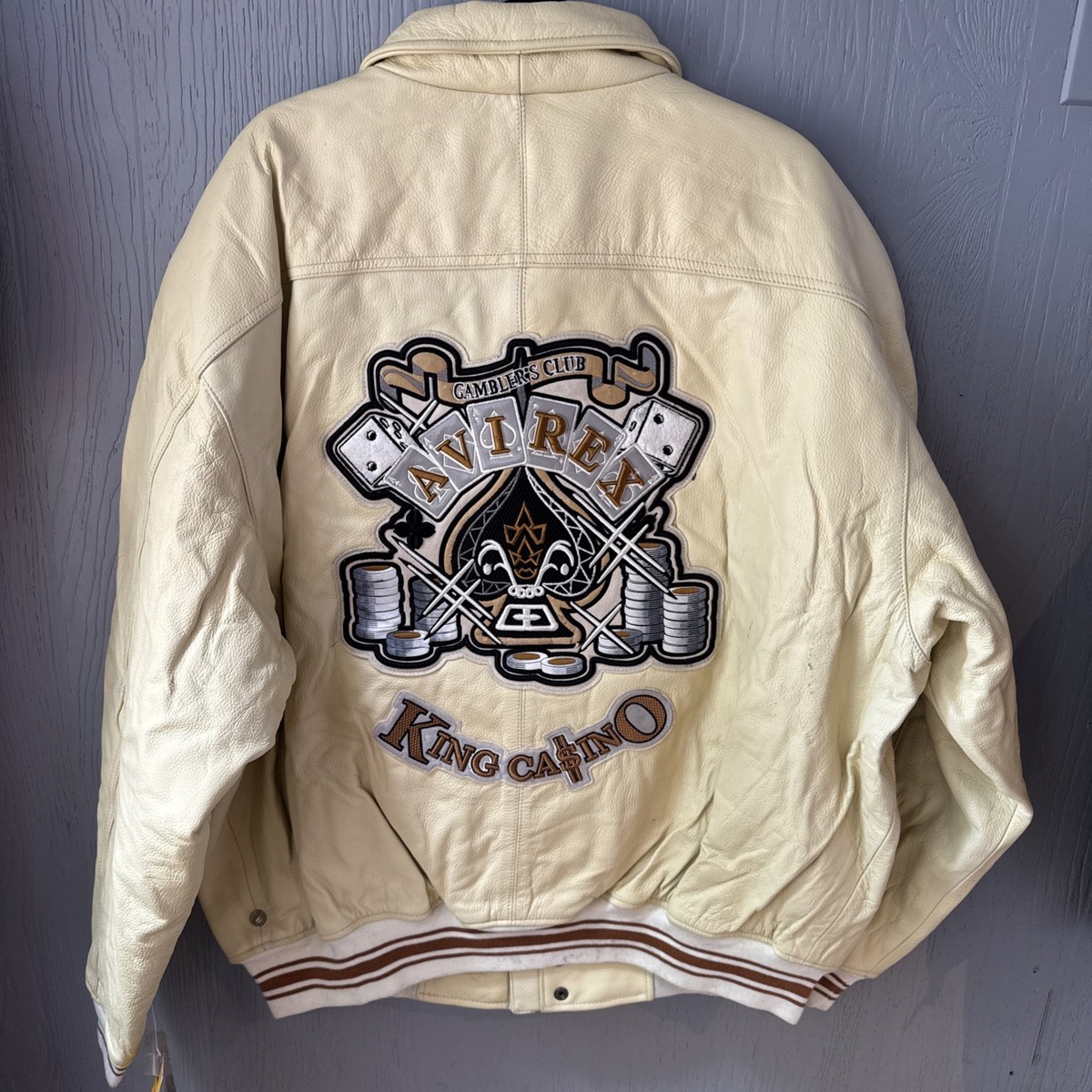 AVIREX ホワイトレザージャケット キングカジノ 90s AVIREX KING CASINO All Leather Stadium Jacket Leather Cards