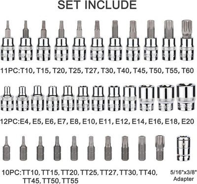 34 Pieces 3/8-Inch Drive Torx Bit Socket and E-Torx (Star) Socket Set CR-V & S2