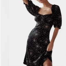 By Anthropologie Juliet Black White Heart Print Puff 1/2 Sleeves Ruffle Dress M