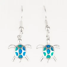 Hawaiian Aloha Turtle Ocean Blue Fire Opal Silver Jewelry Dangle Drop Earrings
