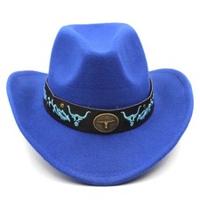 Blue Western Cowboy Hat Bull  Turquoise Band Adjustable Felt Wide Brim Cowgirl