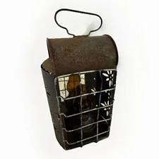 VTG Industrial Mining-style Oil Lantern w/Amber Glass Chimney In Cage Primitive