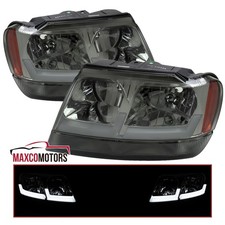 Smoke Led Tube Headlights For 1999-2004 Jeep Grand Cherokee Headlamps 99-04 Pair