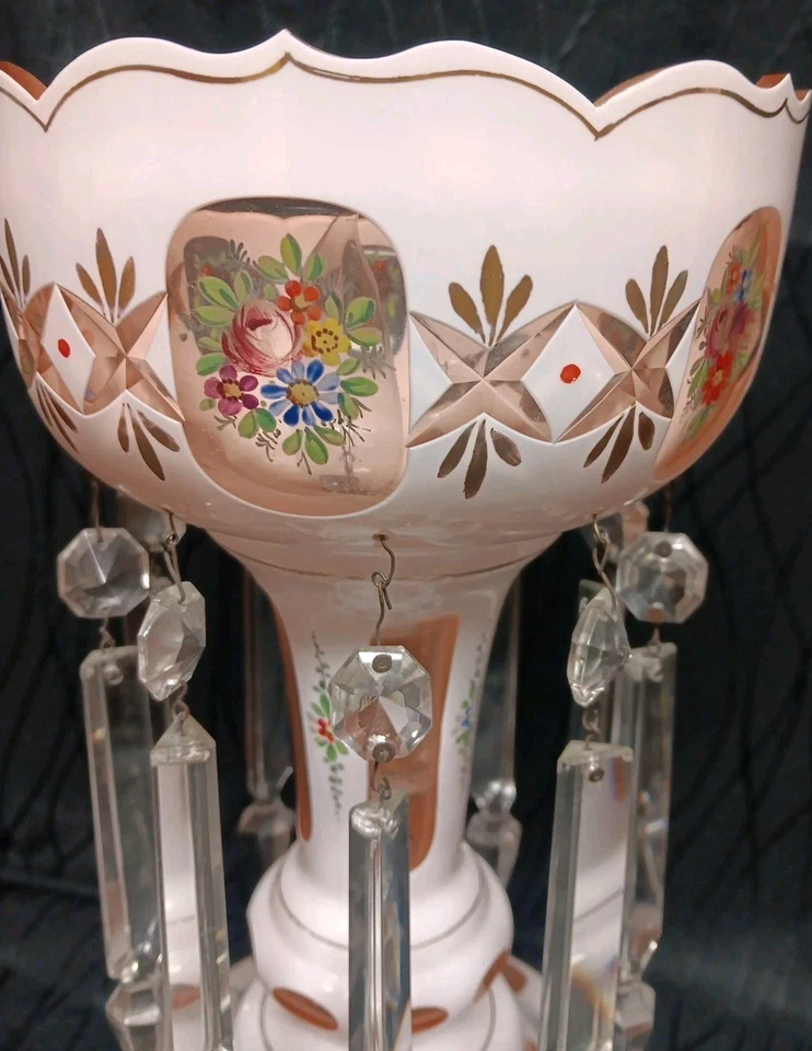 Bohemian Glass White Cut To Peach Mantle Lusters Luster Lamp - Image 4 of 4