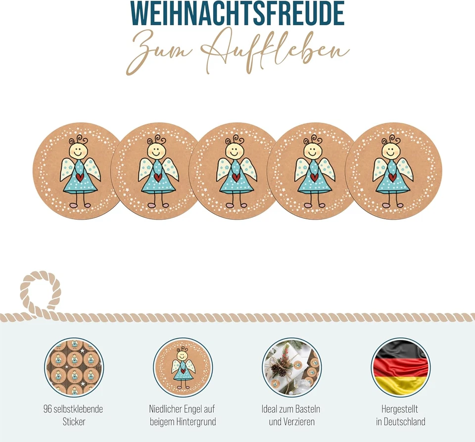 Weihnachtssticker Engel 96 Stück: Aufkleber Weihnachten Klein Selbstklebend Rund - Bild 3 von 4