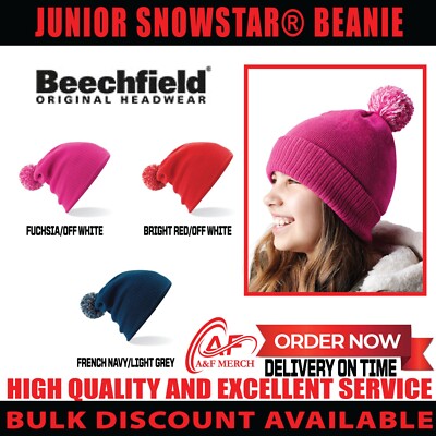 Beechfield Junior Snowstar Kids Beanie HAT 100% Soft-Touch Acrylic Knit Cuff