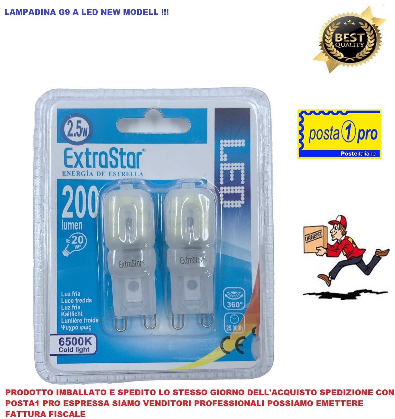 2x Lampadina a LED 2.5W Luce Fredda 6500K G9 Extrastar