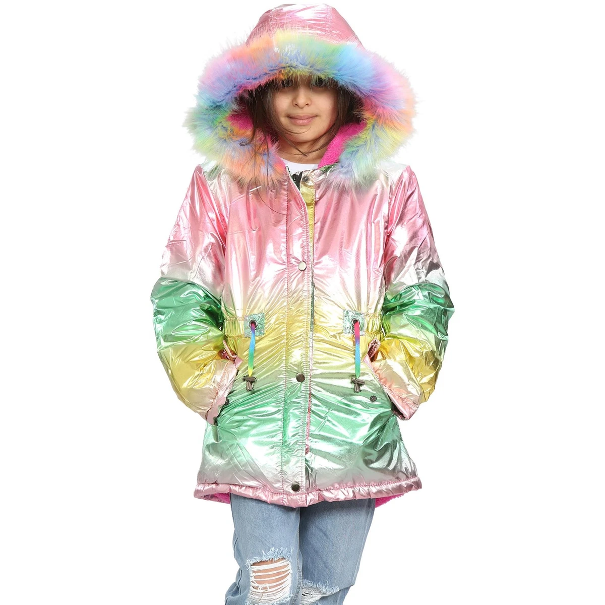Kids Girls Longline Fashion Foil Rainbow Jacket Metallic Coat Age