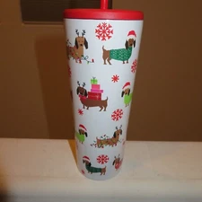 Dachshund Sleigh Bell Bistro Christmas Travel Tumbler Stainless Steel 24 oz NEW
