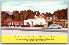 Heber Utah~Hilton Motel~Phillips 66 Service Gas Station~Roadside~Linen Postcard