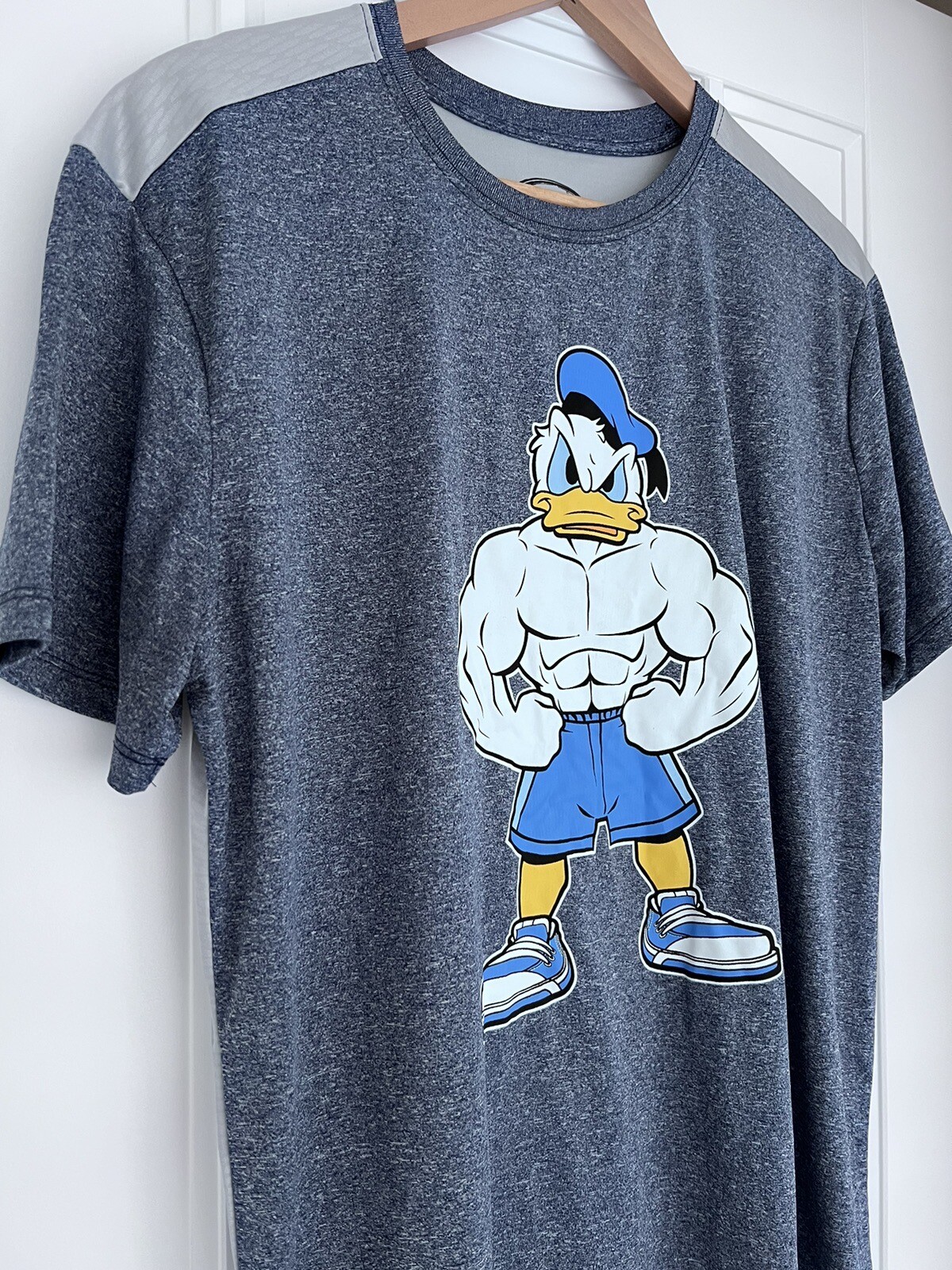 Disney Men's Blue Grey Donald Duck Muscle Flexing Gym Workout T Shirt