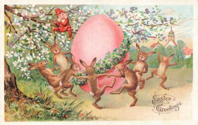 c1910 Fantasy Elf Flute Rabbits Dancing Humanized Anthropomorphic Easter P408