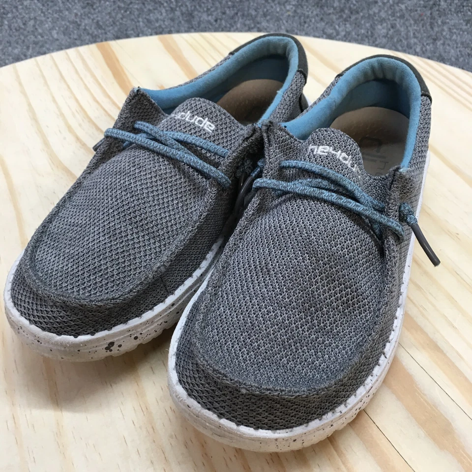 Hey Dude Shoes Youth 2 Wally Sox Mocassins Tênis Couro de Tubarão Tecido Cinza Slip On - Imagem 3 de 4