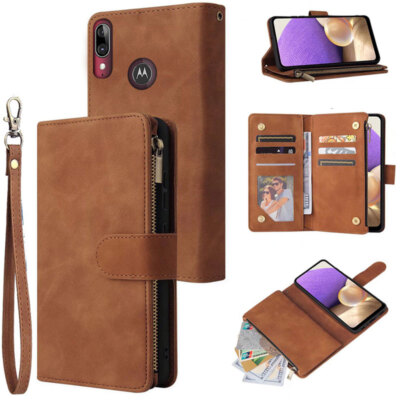 Motorola Moto E6 Plus Wallet Case Zipper Pocket Flip Card Wrist Strap Kickstand