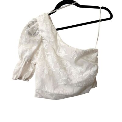 DO + BE One Sleeved Floral Embroidered Cropped Top White NWT Small