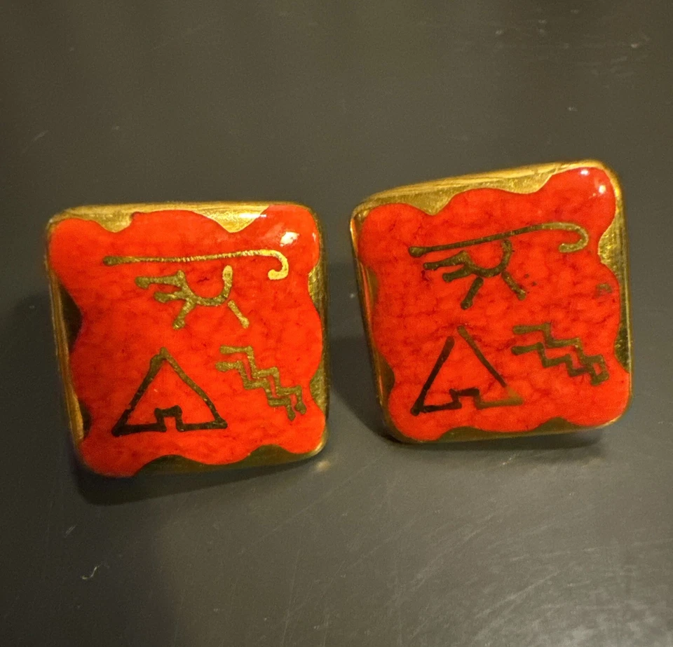 Pendientes de clip esmaltados vintage con forma de diamante dorado y rojo Foto 2 de 4