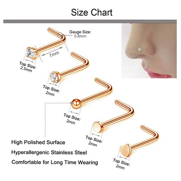 Lote de 21 piezas de acero quirúrgico anillo nariz pendiente forma de L hueso perno perno piercing kit 20G Foto 4 de 4