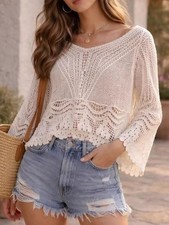 Maglione donna maglia pizzo uncinetto manica a campana boho estivo blusa casual spiaggia